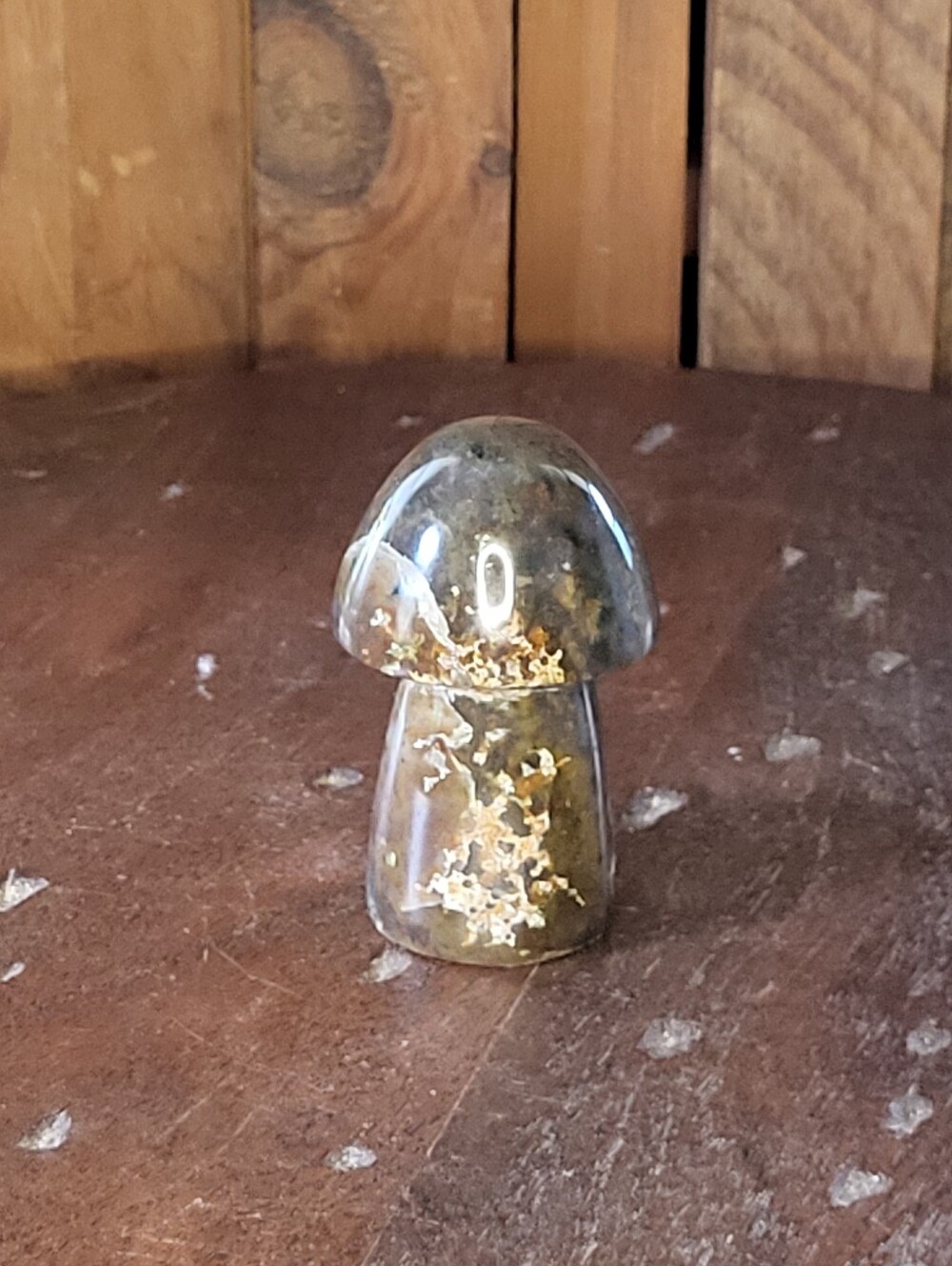 Polished Moss Agate Mushroom Figurine - Green with Gold Flakes